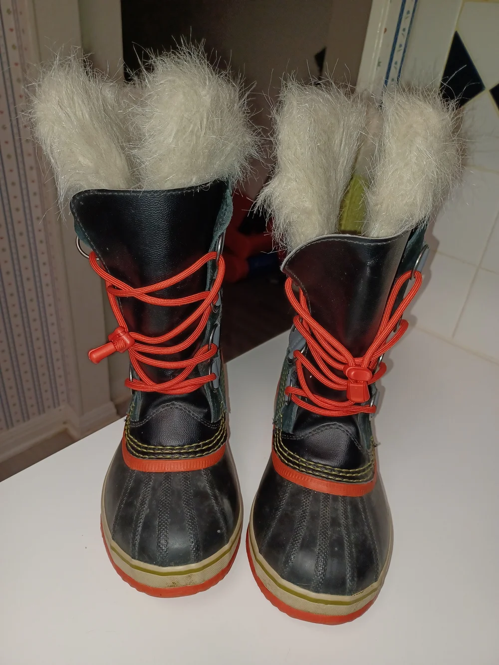 Kids Black and Orange Winter Snow Boots with Faux Fur